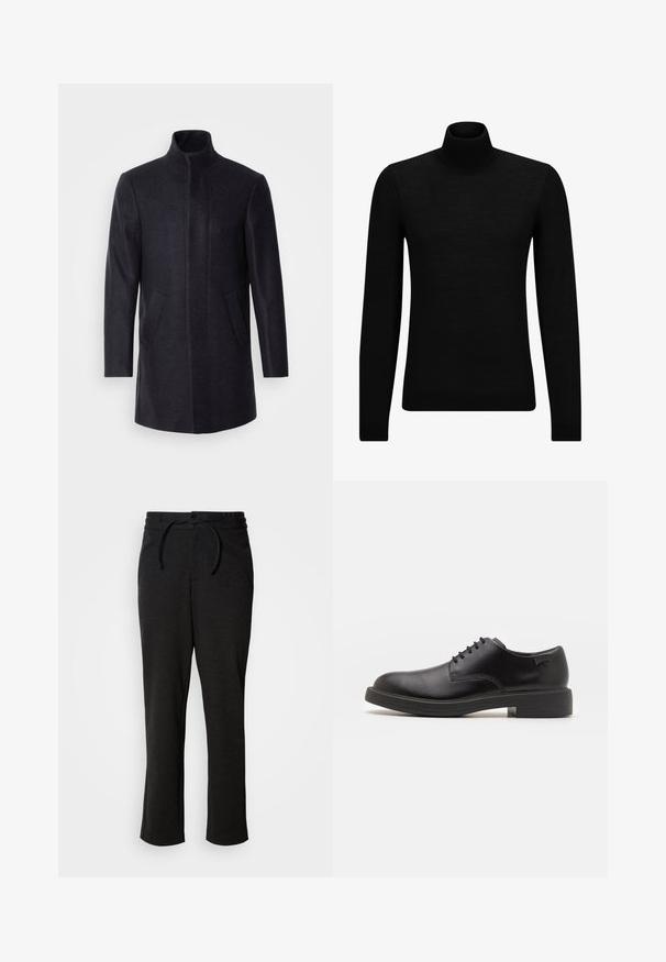 Isaac Dewhirst NEW COMFORT FUNNEL NECK COAT - Pitkä takki - navy; Mustahuivi neule, joka on valmistettu pehmeästä materiaalista, jossa on pitkät hihat ja tiukka istuvuus. Ribbaus reunassa ja hihansuissa. Yksinkertainen muotoilu.; Mustat neulehousut, joissa on naru vyötäröllä, suora lahkeensuukku ja sivutaskut. Pehmeä pinta ja sileä viimeistely.; Mustat nahkasaappaat, joissa on pyöreä kärki, sileä pinta, minimaalinen ommel ja matala kumipohja. Logo kannassa.