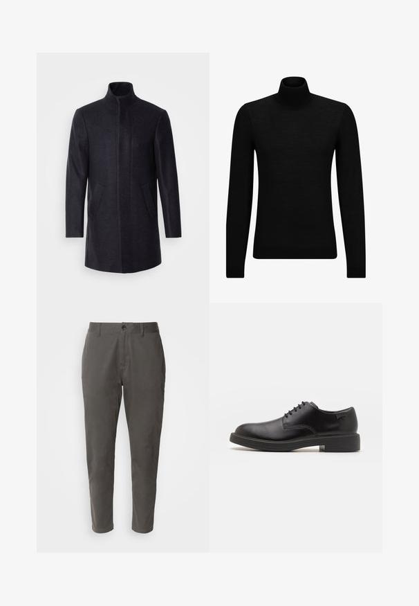 Isaac Dewhirst NEW COMFORT FUNNEL NECK COAT - Krátky kabát - navy; Čierny rolák vyrobený z jemného materiálu, s dlhými rukávmi a tesným strihom. Hranatý lem a manžety s ribbed úpravou. Jednoduchý dizajn.; Scotch & Soda ESSENTIAL DRIFT REGULAR TAPERED - Nohavice chinos - vinyl; Čierne kožené šnurovacie topánky s okrúhlou špičkou, hladkým povrchom, minimálnym prešívaním a nízkym gumovým podpätkom. Logo na podpätku.