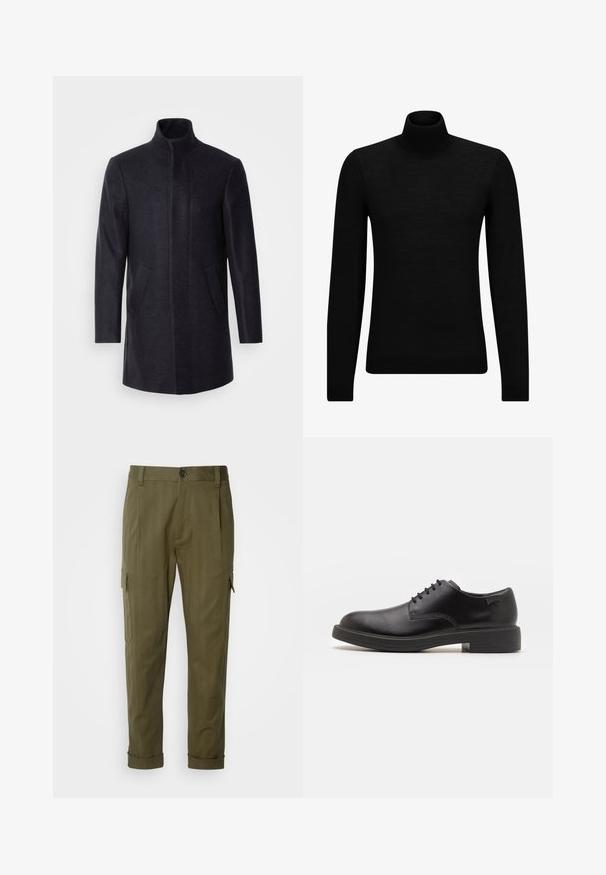 Isaac Dewhirst NEW COMFORT FUNNEL NECK COAT - Rövid kabát - navy; Fekete garbó pulóver puha anyagból, hosszú ujjakkal és szoros fazonnal. Ribbed díszítés az alján és az ujjak végén. Egyszerű dizájn.; BOSS PERIN - Oldalzsebes nadrágok - open green; Fekete bőrcipő, kerek orrú, sima felületű, minimális varrással és alacsony gumitalppal. Logó a sarokrészen.