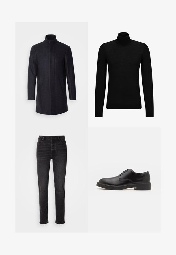 Isaac Dewhirst NEW COMFORT FUNNEL NECK COAT - Rövid kabát - navy; Fekete garbó pulóver puha anyagból, hosszú ujjakkal és szoros fazonnal. Ribbed díszítés az alján és az ujjak végén. Egyszerű dizájn.; Fekete farmernadrág egyenes szárú fazonnal, elülső zsebekkel, gombos záródással és enyhe kopással az anyagon.; Fekete bőrcipő, kerek orrú, sima felületű, minimális varrással és alacsony gumitalppal. Logó a sarokrészen.