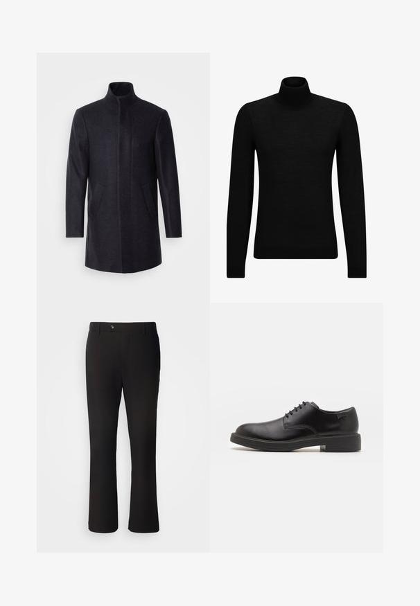 Isaac Dewhirst NEW COMFORT FUNNEL NECK COAT - Short coat - navy; Black turtleneck sweater made of soft material, featuring long sleeves and a snug fit. Ribbed trim at the hem and cuffs. Simple design.; Black tailored trousers with a straight cut, featuring a front button closure and belt loops, made from a smooth, lightweight fabric.; Black leather lace-up shoe with a rounded toe, smooth texture, minimal stitching, and a low rubber heel. Logo on the heel.