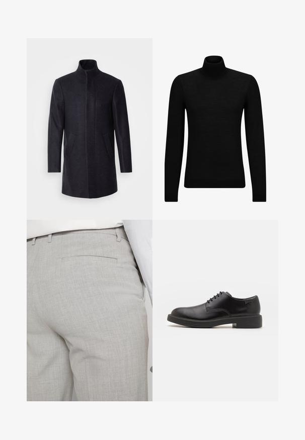 Isaac Dewhirst NEW COMFORT FUNNEL NECK COAT - Kort kåpe / frakk - navy; Svart genser med høy hals laget av mykt materiale, med lange ermer og en tettsittende passform. Ribbestrikket kant nederst og ved ermene. Enkelt design.; Lysegrå skreddersydde bukser laget av teksturert stoff, med en enkelt baklomme og rene sømmer.; Svart lær snøre sko med rund tå, glatt tekstur, minimal søm, og lav gummihæl. Logo på hælen.