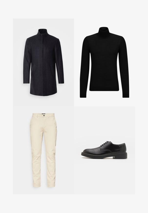 Isaac Dewhirst NEW COMFORT FUNNEL NECK COAT - Krátký kabát - navy; Černý rolák vyrobený z měkkého materiálu, s dlouhými rukávy a těsným střihem. Hladký lem na spodním okraji a manžetách. Jednoduchý design.; Béžové bavlněné kalhoty s úzkým střihem, se standardním pasem, předními kapsami a knoflíkovým zapínáním. Hladká textura, minimalistický design.; Černé kožené šněrovací boty s kulatou špičkou, hladkým povrchem, minimálním prošíváním a nízkým gumovým podpatkem. Logo na patě.