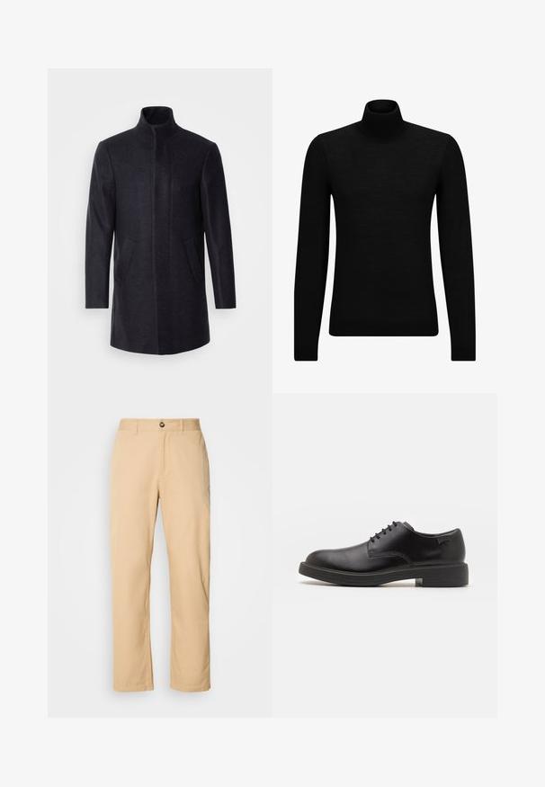 Isaac Dewhirst NEW COMFORT FUNNEL NECK COAT - Manteau court - navy; Pull à col roulé noir en matériau doux, avec des manches longues et une coupe ajustée. Finition côtelée au bas et aux poignets. Design simple.; Pantalons en coton kaki avec une coupe droite, dotés d'une fermeture à bouton à l'avant et de passants de ceinture. Texture lisse et surface unie.; Chaussure noire en cuir à lacets avec un embout arrondi, texture lisse, piqures minimales et un petit talon en caoutchouc. Logo sur le talon.