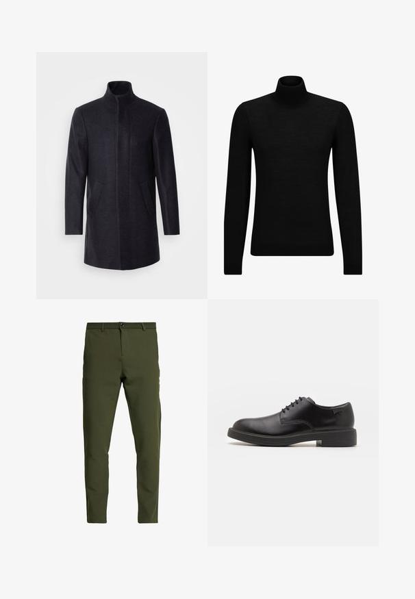 Isaac Dewhirst NEW COMFORT FUNNEL NECK COAT - Kort kappa / rock - navy; Svart polotröja gjord av mjukt material, med långa ärmar och en åtsittande passform. Ribbat avslut vid fåll och ärmslut. Enkelt mönster.; Olivegröna byxor med slim fit, tillverkade av ett slätt, hållbart tyg. Har dragkedja, knappstängning och vanliga fickor.; Svart läder snörsko med rund tå, slät yta, minimal söm och låg gummihäl. Logotyp på hälen.