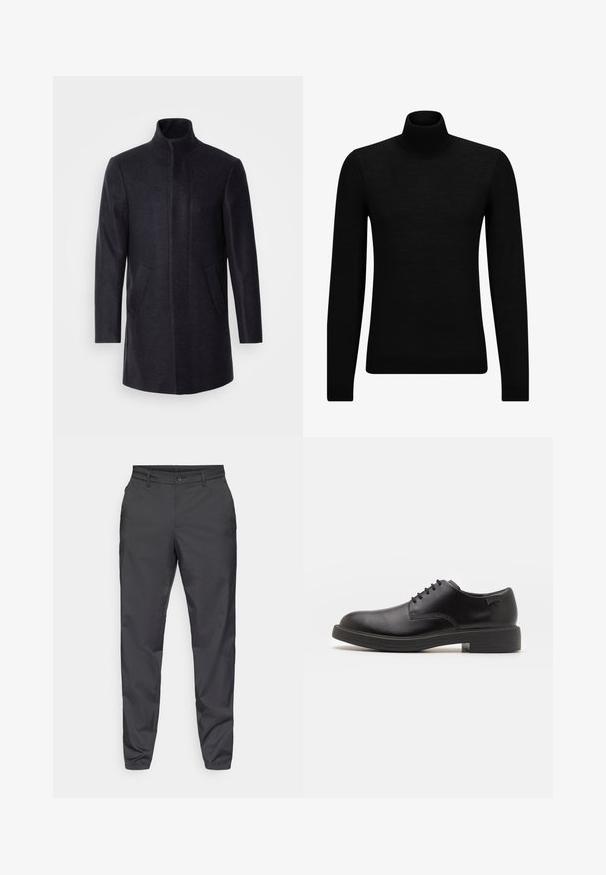 Isaac Dewhirst NEW COMFORT FUNNEL NECK COAT - Kratek plašč - navy; Črna turtleneck pulover iz mehkega materiala, z dolgimi rokavi in tesnim prileganjem. R ibana obroba na robu in rokavih. Preprosta zasnova.; Hlače s tesnim krojem v temno sivi tkanini, z gladko teksturo, zanko za pas, prednjimi žepi in zadrgo z gumbom za zapiranje.; Črne usnjene čipkaste čevlje z zaobljenim nosom, gladko teksturo, minimalnim šitjem in nizkim gumijastim peto. Logo na peti.