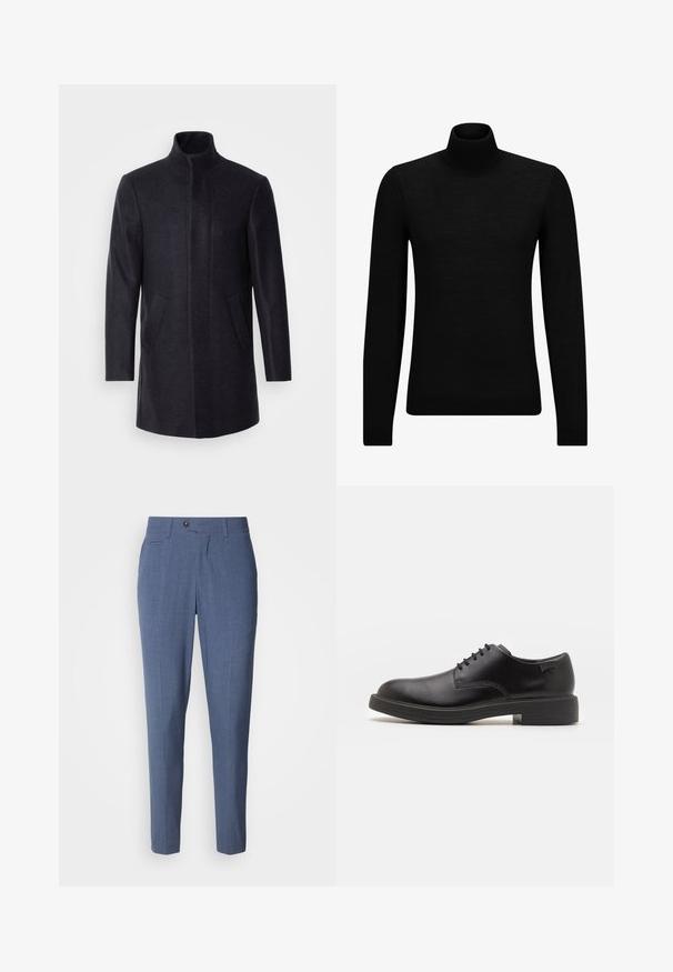 Isaac Dewhirst NEW COMFORT FUNNEL NECK COAT - Kort kappa / rock - navy; Svart polotröja gjord av mjukt material, med långa ärmar och en åtsittande passform. Ribbat avslut vid fåll och ärmslut. Enkelt mönster.; Ljusblå byxor med skräddarsydd passform, featuring en slät textur, framfickor, knappstängning och en veck nedan framtill.; Svart läder snörsko med rund tå, slät yta, minimal söm och låg gummihäl. Logotyp på hälen.