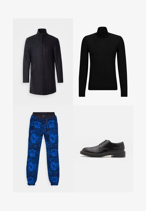 Isaac Dewhirst - Krótki płaszcz; Czarny sweter z golfem wykonany z miękkiego materiału, z długimi rękawami i dopasowanym krojem. Żebrowane wykończenie na dolnym brzegu i mankietach. Prosty design.; Niebieskie dresy z polaru w kwiatowy wzór, z czarną elastyczną talią i sznurkiem. Teksturowana tkanina z elastycznymi mankietami na kostkach.; Czarny skórzany but za kostkę z okrągłym noskiem, gładką fakturą, minimalnym przeszyciem i niskim gumowym obcasem. Logo na pięcie.