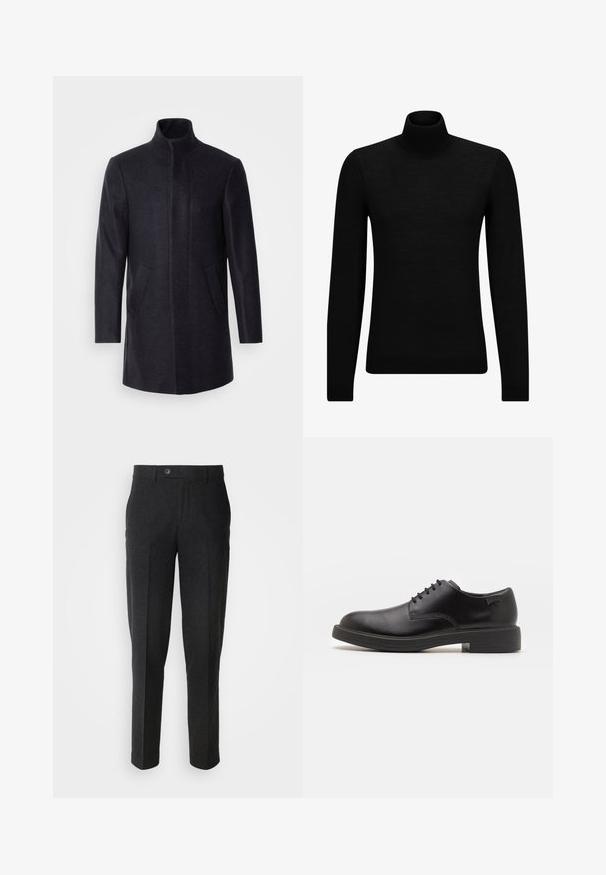 Isaac Dewhirst NEW COMFORT FUNNEL NECK COAT - Kratki kaputi - navy; Crni dukserica s visokim ovratnikom, napravljena od mekanog materijala, s dugim rukavima i priljubljenim krojem. Rebrasti detalji na donjem rubu i rukavima. Jednostavan dizajn.; Lindbergh FORMAL PANT - Hlače - black melange; Crne kožne cipele s vezanjem i zaobljenim vrhom, glatke teksture, minimalnim šavovima i niskim gumiranim potplatom. Logo se nalazi na peti.