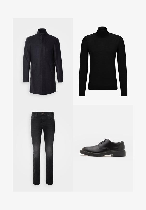 Isaac Dewhirst NEW COMFORT FUNNEL NECK COAT - Puspaltis - navy; Juodas aukšto kaklo megztinis, pagamintas iš minkštos medžiagos, su ilgomis rankovėmis ir prigludusia forma. Su raukiniais apačioje ir rankogaliuose. Paprastas dizainas.; Juodi džinsai su tiesiu kirpimu, su mygtuko uždarymu, penkiomis kišenėmis ir lengva išblukimo efekto medžiaga.; Juodas odinis batų modelis su raišteliais, apvaliu nosiu, lygiu paviršiumi, minimaliai siuvinėjimu ir žemu guminėmis pakulne. Ant pakulnės šalia logo.