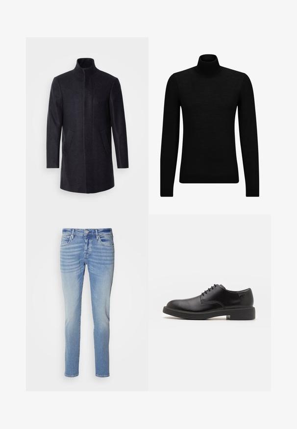 Isaac Dewhirst NEW COMFORT FUNNEL NECK COAT - Īss mētelis - navy; Melnā augstā kakla džemperis, kas izgatavots no mīksta materiāla, ar garām piedurknēm un pieguļušu piegriezumu. Ribota apdare ap apakšu un piedurknēm. Vienkāršs dizains.; Scotch & Soda RALSTON - Pieguloša piegriezuma džinsi - freshen up dark; Melna āda sašūta kurpe ar noapaļotu purngalu, gludu tekstūru, minimālu šuvju skaitu un zemu gumijas papēdi. Logo uz papēža.