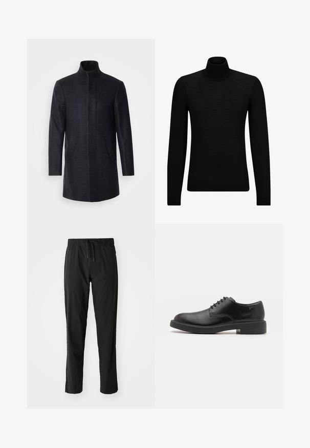Isaac Dewhirst - Krótki płaszcz; Czarny sweter z golfem wykonany z miękkiego materiału, z długimi rękawami i dopasowanym krojem. Żebrowane wykończenie na dolnym brzegu i mankietach. Prosty design.; BOSS - Spodnie treningowe; Czarny skórzany but za kostkę z okrągłym noskiem, gładką fakturą, minimalnym przeszyciem i niskim gumowym obcasem. Logo na pięcie.