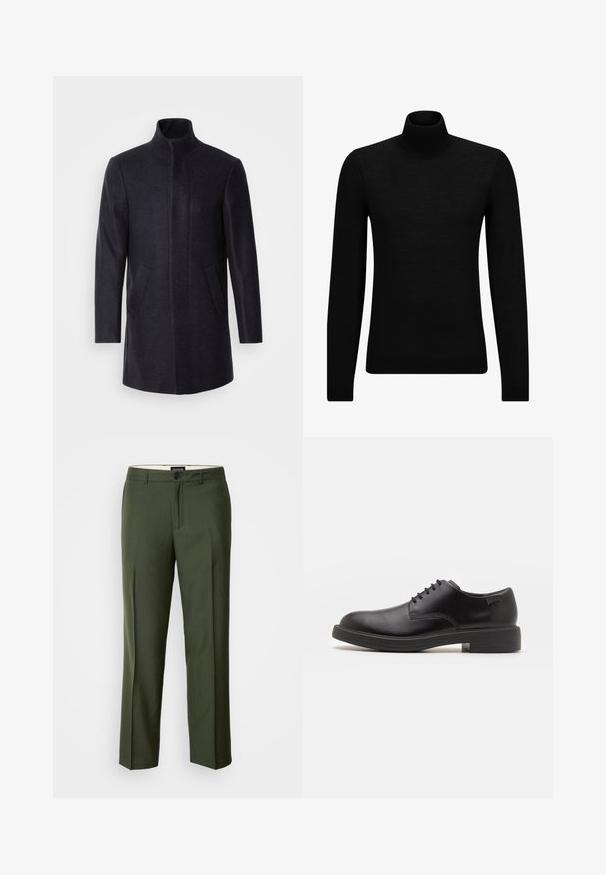 Isaac Dewhirst NEW COMFORT FUNNEL NECK COAT - Kort kåpe / frakk - navy; Svart genser med høy hals laget av mykt materiale, med lange ermer og en tettsittende passform. Ribbestrikket kant nederst og ved ermene. Enkelt design.; Olivengrønne skreddersydde bukser laget av et glatt stoff, med en enkel knappelukking, beltehemper og frontfalter for struktur.; Svart lær snøre sko med rund tå, glatt tekstur, minimal søm, og lav gummihæl. Logo på hælen.