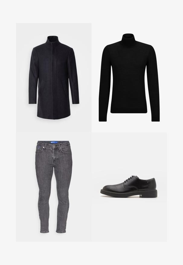 Isaac Dewhirst NEW COMFORT FUNNEL NECK COAT - Īss mētelis - navy; Melnā augstā kakla džemperis, kas izgatavots no mīksta materiāla, ar garām piedurknēm un pieguļušu piegriezumu. Ribota apdare ap apakšu un piedurknēm. Vienkāršs dizains.; Ideālas skinny džinsas tumši pelēkā denimā ar vieglu izbalēšanu. Iezīmes: piecas kabatas, rāvējslēdzējs un zila birka jostas vietā.; Melna āda sašūta kurpe ar noapaļotu purngalu, gludu tekstūru, minimālu šuvju skaitu un zemu gumijas papēdi. Logo uz papēža.