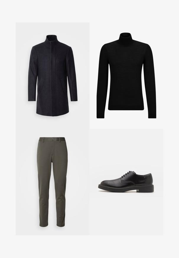 Isaac Dewhirst NEW COMFORT FUNNEL NECK COAT - Kort kappa / rock - navy; Svart polotröja gjord av mjukt material, med långa ärmar och en åtsittande passform. Ribbat avslut vid fåll och ärmslut. Enkelt mönster.; Olivgröna byxor i stretchigt material, med knäppt midja, slim fit och raka ben utan mönster eller framträdande detaljer.; Svart läder snörsko med rund tå, slät yta, minimal söm och låg gummihäl. Logotyp på hälen.