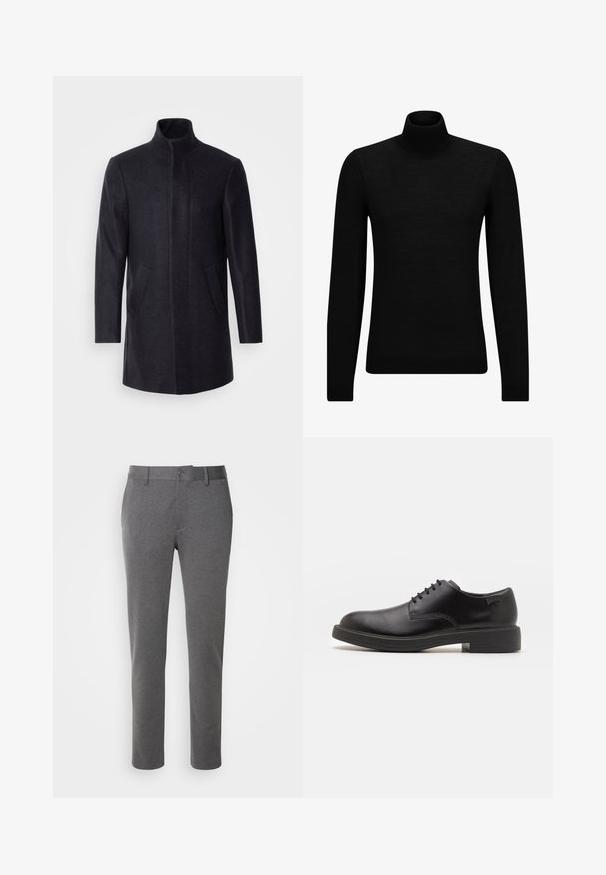 Isaac Dewhirst NEW COMFORT FUNNEL NECK COAT - Puspaltis - navy; Juodas aukšto kaklo megztinis, pagamintas iš minkštos medžiagos, su ilgomis rankovėmis ir prigludusia forma. Su raukiniais apačioje ir rankogaliuose. Paprastas dizainas.; Pilkos spalvos pagal užsakymą pagamintos kelnės iš minkštos medžiagos, pasižyminčios lygiu paviršiumi, priekinėmis kišenėmis ir vieno mygtuko užsegimu juosmens juostoje.; Juodas odinis batų modelis su raišteliais, apvaliu nosiu, lygiu paviršiumi, minimaliai siuvinėjimu ir žemu guminėmis pakulne. Ant pakulnės šalia logo.