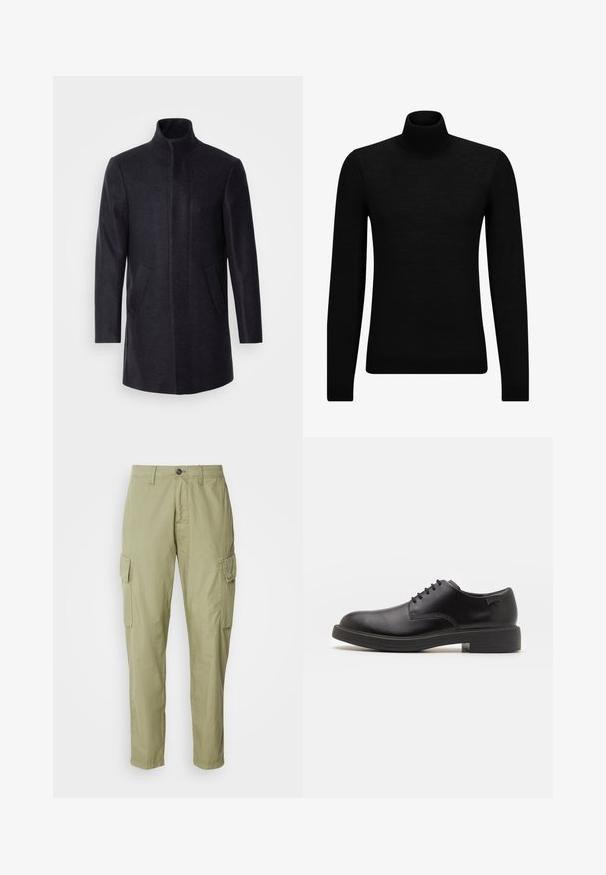 Isaac Dewhirst NEW COMFORT FUNNEL NECK COAT - Kurzmantel - navy; Schwarzer Rollkragenpullover aus weichem Material mit langen Ärmeln und enger Passform. Rippbesatz am Saum und an den Bündchen. Einfaches Design.; Cargo-Hosen in hellolivgrün, aus strukturiertem Stoff, mit zwei seitlichen Taschen und einem geraden Beinverlauf mit Knopfverschluss.; Schwarzer Leder-Schnürschuh mit abgerundetem Zeh, glatter Textur, minimaler Naht und niedrigem Gummiabsatz. Logo auf der Ferse.