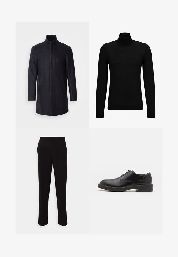 Isaac Dewhirst NEW COMFORT FUNNEL NECK COAT - Short coat - navy; Black turtleneck sweater made of soft material, featuring long sleeves and a snug fit. Ribbed trim at the hem and cuffs. Simple design.; Black trousers with a straight fit, featuring a smooth texture and no visible patterns or hardware. Classic design with a clean silhouette.; Black leather lace-up shoe with a rounded toe, smooth texture, minimal stitching, and a low rubber heel. Logo on the heel.