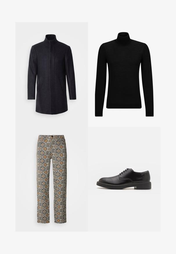 Isaac Dewhirst NEW COMFORT FUNNEL NECK COAT - Kort kappa / rock - navy; Svart polotröja gjord av mjukt material, med långa ärmar och en åtsittande passform. Ribbat avslut vid fåll och ärmslut. Enkelt mönster.; Blommönstrade byxor i beige, svart och orange. Tillverkade av lättviktsmaterial, med rak passform och knappstängning.; Svart läder snörsko med rund tå, slät yta, minimal söm och låg gummihäl. Logotyp på hälen.