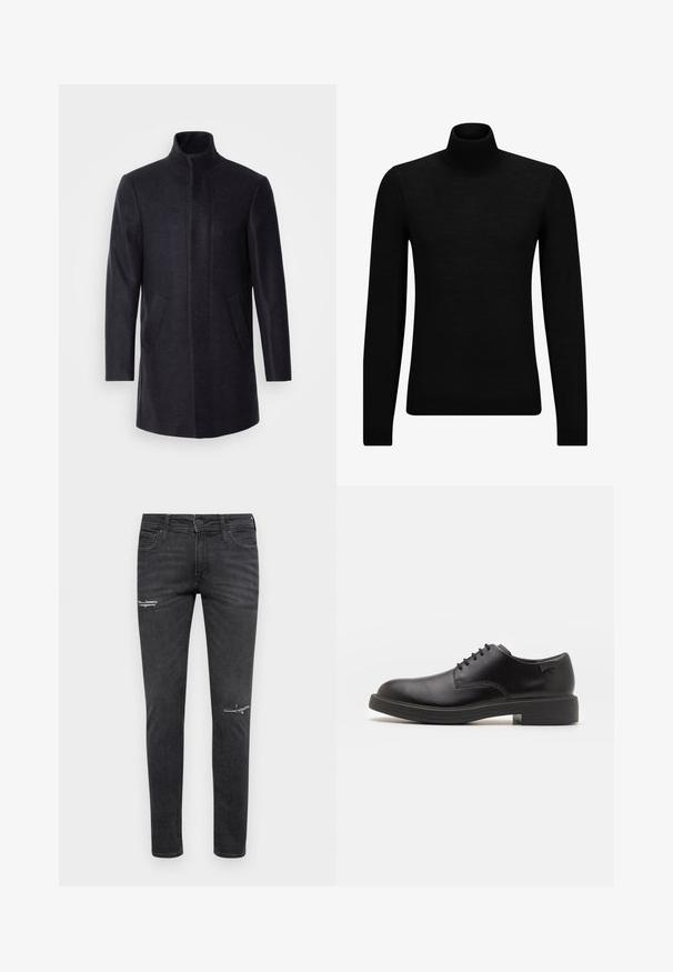 Isaac Dewhirst NEW COMFORT FUNNEL NECK COAT - Kratek plašč - navy; Črna turtleneck pulover iz mehkega materiala, z dolgimi rokavi in tesnim prileganjem. R ibana obroba na robu in rokavih. Preprosta zasnova.; Črne ozke kavbojke iz denima, ki vključujejo uničene detajle na kolenih, pet-žepni dizajn in klasično zapiranje na gumb in zadrgo.; Črne usnjene čipkaste čevlje z zaobljenim nosom, gladko teksturo, minimalnim šitjem in nizkim gumijastim peto. Logo na peti.