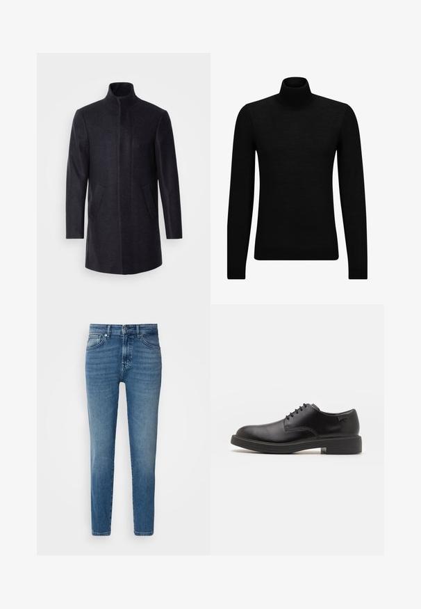 Isaac Dewhirst - Krótki płaszcz; Czarny sweter z golfem wykonany z miękkiego materiału, z długimi rękawami i dopasowanym krojem. Żebrowane wykończenie na dolnym brzegu i mankietach. Prosty design.; Jasnoniebieskie dżinsy o prostym kroju, tradycyjny pięciokieszeniowy fason, metalowe zapięcie na guzik oraz delikatne przetarcia z przodu.; Czarny skórzany but za kostkę z okrągłym noskiem, gładką fakturą, minimalnym przeszyciem i niskim gumowym obcasem. Logo na pięcie.