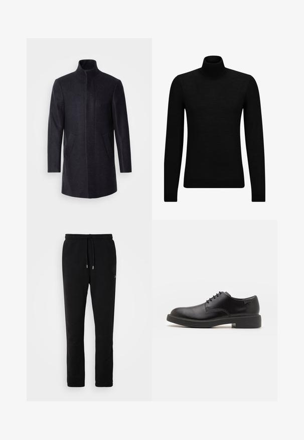 Isaac Dewhirst NEW COMFORT FUNNEL NECK COAT - Short coat - navy; Black turtleneck sweater made of soft material, featuring long sleeves and a snug fit. Ribbed trim at the hem and cuffs. Simple design.; Black sweatpants made of soft cotton, featuring a drawstring waist, tapered legs, and minimal branding in a subtle design.; Black leather lace-up shoe with a rounded toe, smooth texture, minimal stitching, and a low rubber heel. Logo on the heel.