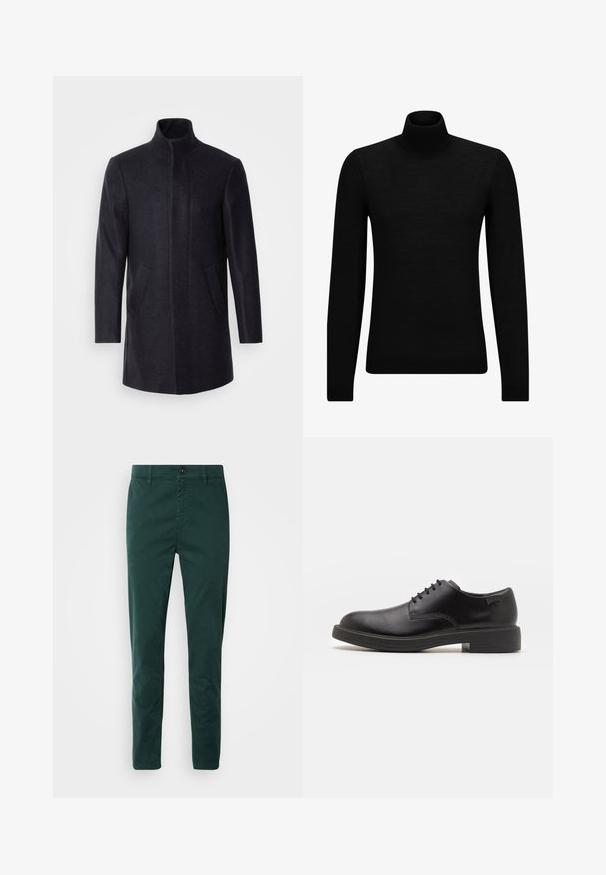 Isaac Dewhirst NEW COMFORT FUNNEL NECK COAT - Pitkä takki - navy; Mustahuivi neule, joka on valmistettu pehmeästä materiaalista, jossa on pitkät hihat ja tiukka istuvuus. Ribbaus reunassa ja hihansuissa. Yksinkertainen muotoilu.; Tummanvihreät chinot, jotka on valmistettu puuvillasta, suoralla leikkuulla, etutaskuilla, vetoketjulla ja ruskealla napilla vyötäröllä.; Mustat nahkasaappaat, joissa on pyöreä kärki, sileä pinta, minimaalinen ommel ja matala kumipohja. Logo kannassa.