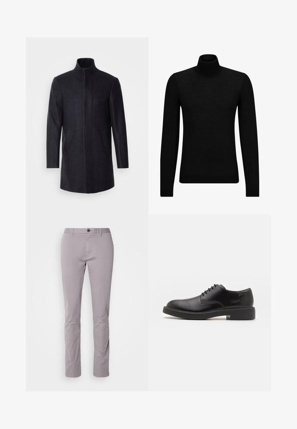 Isaac Dewhirst NEW COMFORT FUNNEL NECK COAT - Rövid kabát - navy; Fekete garbó pulóver puha anyagból, hosszú ujjakkal és szoros fazonnal. Ribbed díszítés az alján és az ujjak végén. Egyszerű dizájn.; Világosszürke pamut nadrág, slim fit szabással, lapos elülső résszel és egy gombos zárással. Tiszta vonalakkal és minimális részletezéssel rendelkezik.; Fekete bőrcipő, kerek orrú, sima felületű, minimális varrással és alacsony gumitalppal. Logó a sarokrészen.