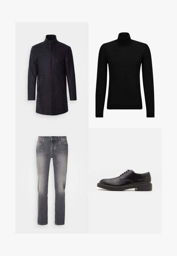 Isaac Dewhirst NEW COMFORT FUNNEL NECK COAT - Kurzmantel - navy; Schwarzer Rollkragenpullover aus weichem Material mit langen Ärmeln und enger Passform. Rippbesatz am Saum und an den Bündchen. Einfaches Design.; Graue Denim-Jeans mit geradem Bein, die an den Oberschenkeln verblasst sind, mit Fünf-Taschen-Design und silberner Knopfverschluss an der Taille.; Schwarzer Leder-Schnürschuh mit abgerundetem Zeh, glatter Textur, minimaler Naht und niedrigem Gummiabsatz. Logo auf der Ferse.