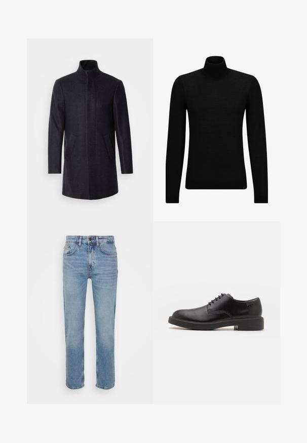 Isaac Dewhirst NEW COMFORT FUNNEL NECK COAT - Pitkä takki - navy; Mustahuivi neule, joka on valmistettu pehmeästä materiaalista, jossa on pitkät hihat ja tiukka istuvuus. Ribbaus reunassa ja hihansuissa. Yksinkertainen muotoilu.; Vaaleansiniset farkut, joissa on suora lahje, viisi taskua ja kontrastivärinen tikkaus. Klassinen nappi- ja vetoketjukiinnitys vyötäröllä.; Mustat nahkasaappaat, joissa on pyöreä kärki, sileä pinta, minimaalinen ommel ja matala kumipohja. Logo kannassa.