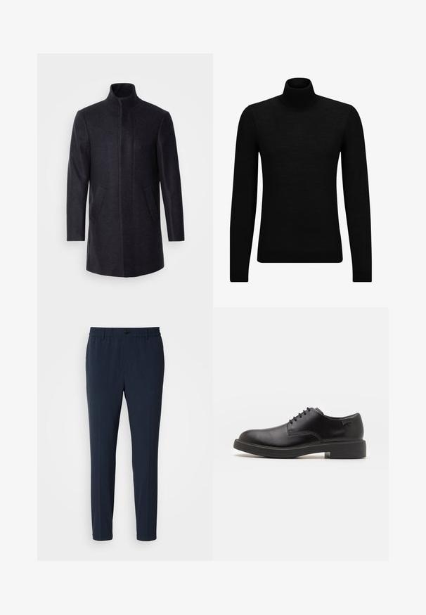 Isaac Dewhirst NEW COMFORT FUNNEL NECK COAT - Korte frakker - navy; Sort turtleneck sweater lavet af blødt materiale, med lange ærmer og en tætsiddende pasform. Ribbet trim ved kanten og manchetter. Simpelt design.; Mørkeblå, lige ben bukser med elastisk talje, der har en frontknaplukning og en glat stofstruktur.; Sorte læder snørestøvle med rund tå, glat tekstur, minimal syning og lav gummihæl. Logo på hælen.