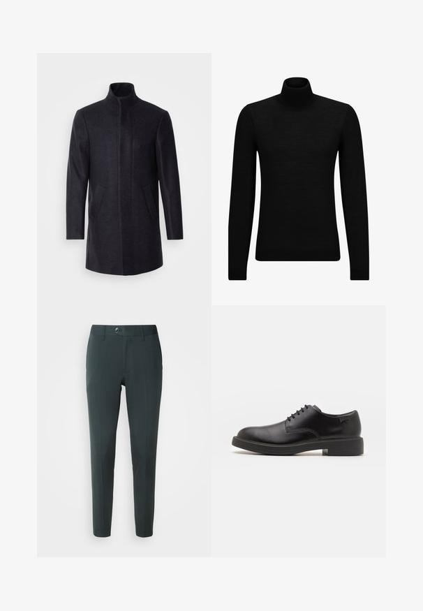 Isaac Dewhirst NEW COMFORT FUNNEL NECK COAT - Kratek plašč - navy; Črna turtleneck pulover iz mehkega materiala, z dolgimi rokavi in tesnim prileganjem. R ibana obroba na robu in rokavih. Preprosta zasnova.; Temno zeleni hlače z prilagojenim krojem, s ravnim sprednjim delom, zankami za pas in z enim gumbom za zapiranje. Gladka tekstura, brez vzorcev.; Črne usnjene čipkaste čevlje z zaobljenim nosom, gladko teksturo, minimalnim šitjem in nizkim gumijastim peto. Logo na peti.