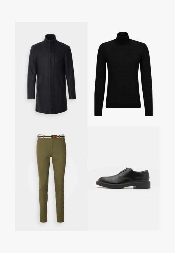 Isaac Dewhirst NEW COMFORT FUNNEL NECK COAT - Abrigo corto - navy; Jersey de cuello alto negro hecho de un material suave, con mangas largas y un ajuste ceñido. Ribete acanalado en el dobladillo y los puños. Diseño simple.; Pantalones ajustados de color verde oliva con un acabado suave, que presentan una cintura a rayas en azul marino y blanco, y un acento de trabilla de cinturón de cuero marrón.; Zapato negro de cuero con cordones, punta redondeada, textura suave, costuras mínimas y tacón bajo de goma. Logo en el tacón.