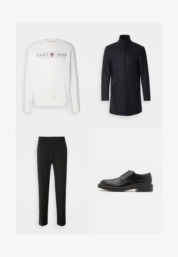 Isaac Dewhirst NEW COMFORT FUNNEL NECK COAT - Abrigo corto - navy; Sudadera blanca de manga larga, con cuello redondo y puños de canalé. Presenta el texto "GANT 1949" y un logo en azul marino y rojo.; Pantalones negros hechos de una tela suave, con piernas rectas, cierre de botón y un diseño clásico adecuado para ocasiones formales o informales.; Zapato negro de cuero con cordones, punta redondeada, textura suave, costuras mínimas y tacón bajo de goma. Logo en el tacón.