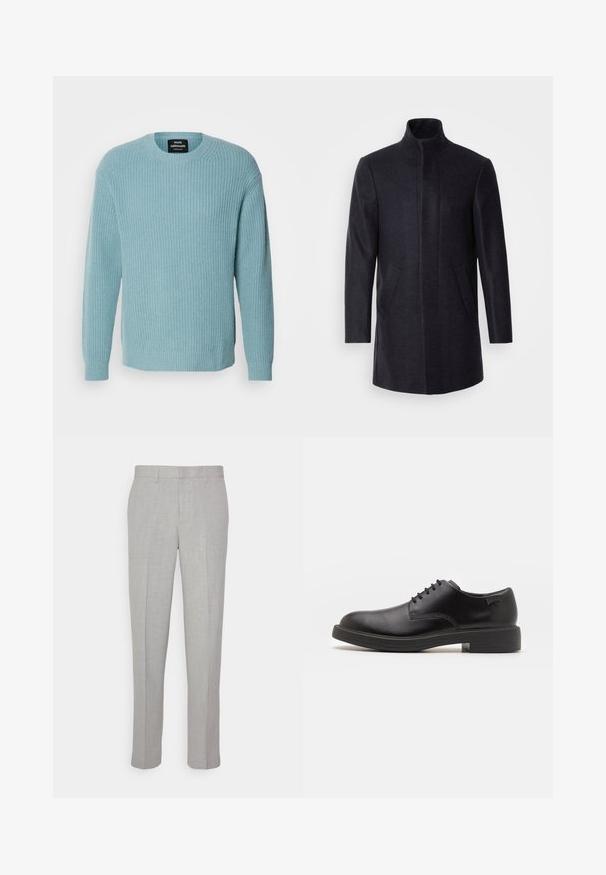 Isaac Dewhirst NEW COMFORT FUNNEL NECK COAT - Short coat - navy; Mads Nørgaard VILHELM - Jumper - slate; Light gray trousers with a smooth texture, flat front, and straight legs. Made of breathable fabric, featuring internal pockets and belt loops.; Black leather lace-up shoe with a rounded toe, smooth texture, minimal stitching, and a low rubber heel. Logo on the heel.
