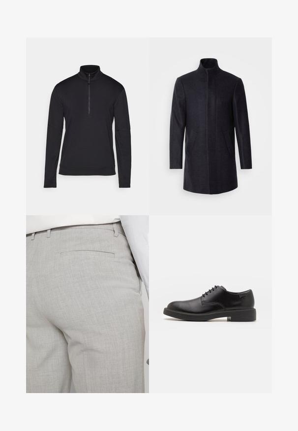 Isaac Dewhirst NEW COMFORT FUNNEL NECK COAT - Palton scurt - navy; Pulover lung cu mânecă negru, cu guler cu fermoar, fabricat dintr-un material moale, având cusături plate și o croială lejeră pentru confort.; Pantaloni gri deschis croiți, dintr-un material texturat, cu un singur buzunar pe spate și cusături curate.; Pantofii din piele neagră, cu șireturi, au vârful rotunjit, o textură netedă, cusături minime și un toc de cauciuc scăzut. Logo pe toc.