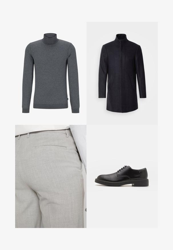 Isaac Dewhirst NEW COMFORT FUNNEL NECK COAT - Kratek plašč - navy; Sivi pulover s turtleneck ovratnikom, izdelan iz mehke pletenine. Ima dolge rokave, rebrast ovratnik in klasičen kroj z gladko teksturo.; Svetlo sive hlače po meri iz teksturirane tkanine, z enim zadnjim žepom in čistim šivom.; Črne usnjene čipkaste čevlje z zaobljenim nosom, gladko teksturo, minimalnim šitjem in nizkim gumijastim peto. Logo na peti.