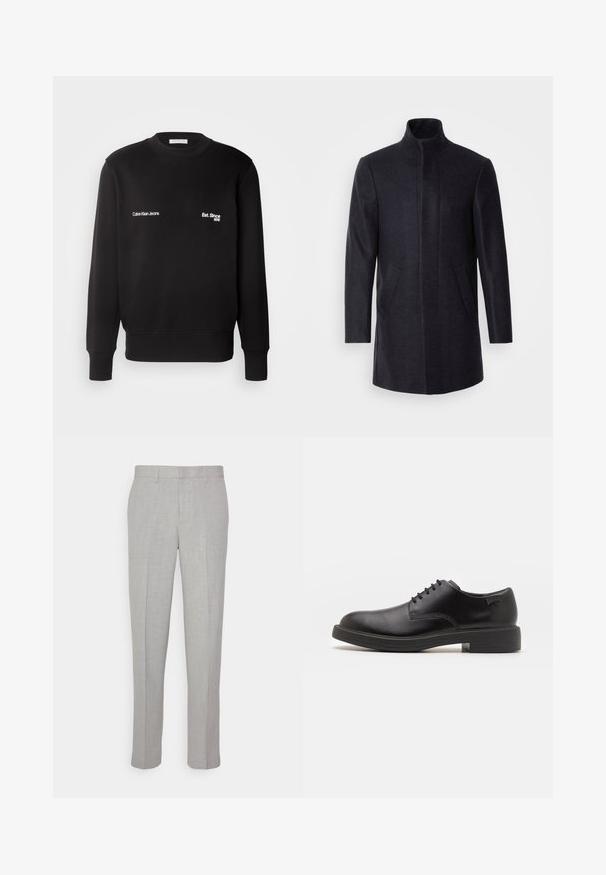 Isaac Dewhirst NEW COMFORT FUNNEL NECK COAT - Rövid kabát - navy; Calvin Klein Jeans 1978 CREW NECK - Melegítőfelső - black; Világosszürke nadrág, sima textúrával, lapos elülső résszel és egyenes lábakkal. Lélegző anyagból készült, belső zsebekkel és övjáratokkal ellátva.; Fekete bőrcipő, kerek orrú, sima felületű, minimális varrással és alacsony gumitalppal. Logó a sarokrészen.