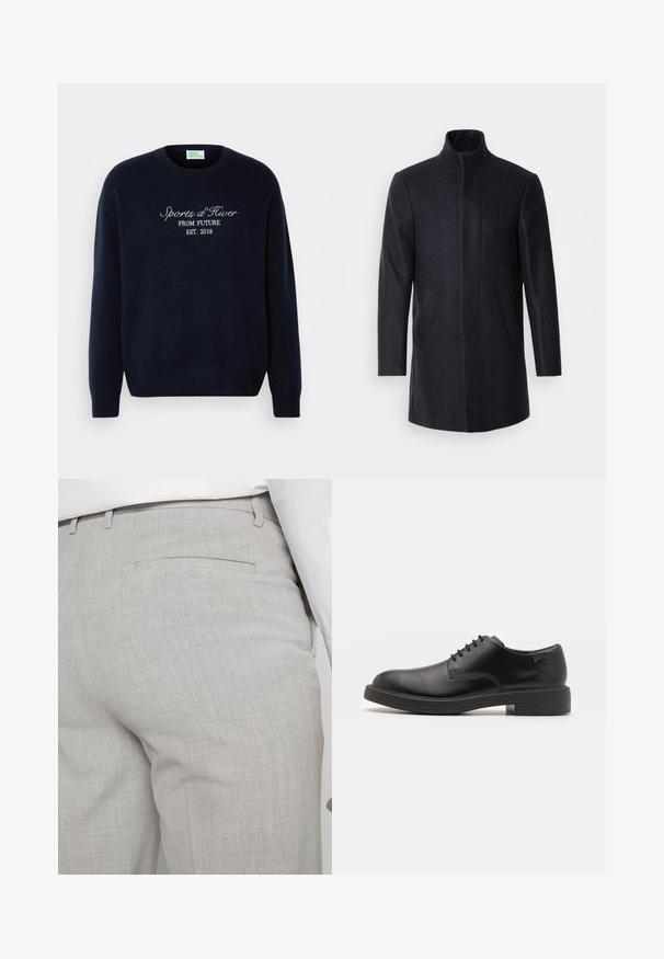 Isaac Dewhirst NEW COMFORT FUNNEL NECK COAT - Īss mētelis - navy; Zilā krāsā džemperis, kas izgatavots no mīkstas auduma, ar klasisku apļveida kakla izgriezumu un izšūtu tekstu: "Sports d'Hiver NO NĀKOTNES EST. 2018."; Gaiši pelēkas pielāgotas bikses no teksturēta auduma, ar vienu aizmugurējo kabatu un tīru šuvju apdari.; Melna āda sašūta kurpe ar noapaļotu purngalu, gludu tekstūru, minimālu šuvju skaitu un zemu gumijas papēdi. Logo uz papēža.