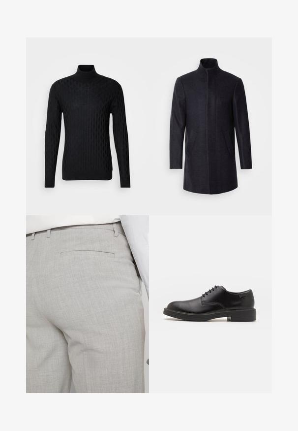 Isaac Dewhirst NEW COMFORT FUNNEL NECK COAT - Halflange jas - navy; Zwarte coltrui met een gestructureerd ruitpatroon, gemaakt van breimateriaal, met lange mouwen en een aansluitende pasvorm.; Lichtgrijze, op maat gemaakte broek van gestructureerde stof, met een enkele achterzak en nette stiksels.; Zwarte leren veterschoen met een ronde neus, een gladde textuur, minimale stiksels en een lage rubberen hak. Logo op de hak.