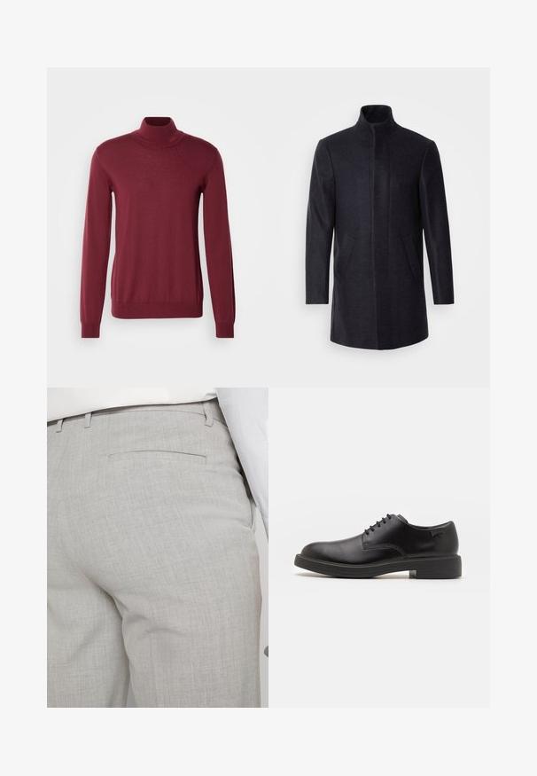 Isaac Dewhirst NEW COMFORT FUNNEL NECK COAT - Lühike jakk - navy; HUGO SAN THOMAS - Džemper - dark pink; Heledat hallid kohandatud püksid tekstuurse kangaga, millel on üks tagatasku ja puhas õmblus.; Must beemel levalis kingad ümarate varvastega, sileda pinnaga, minimaalsete õmblustega ja madala kummist kontsaga. Logo kontsa peal.