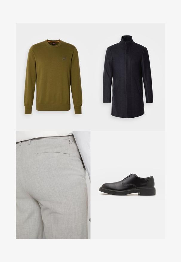 Isaac Dewhirst NEW COMFORT FUNNEL NECK COAT - Manteau court - navy; Pull en tricot vert olive avec un col rond et des manches longues. Présente une petite étiquette logo sur la poitrine et des bords côtelés aux poignets et à l'ourlet.; Pantalon gris clair sur mesure en tissu texturé, avec une seule poche arrière et des coutures nettes.; Chaussure noire en cuir à lacets avec un embout arrondi, texture lisse, piqures minimales et un petit talon en caoutchouc. Logo sur le talon.