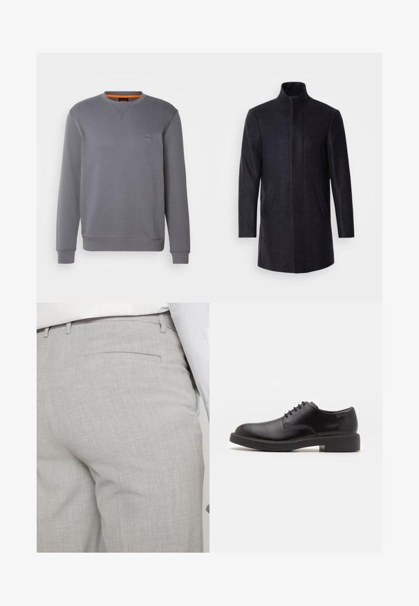 Isaac Dewhirst NEW COMFORT FUNNEL NECK COAT - Abrigo corto - navy; BOSS WESTART - Sudadera - dark grey; Pantalones grises claros a medida hechos de tela texturizada, con un solo bolsillo trasero y costuras limpias.; Zapato negro de cuero con cordones, punta redondeada, textura suave, costuras mínimas y tacón bajo de goma. Logo en el tacón.