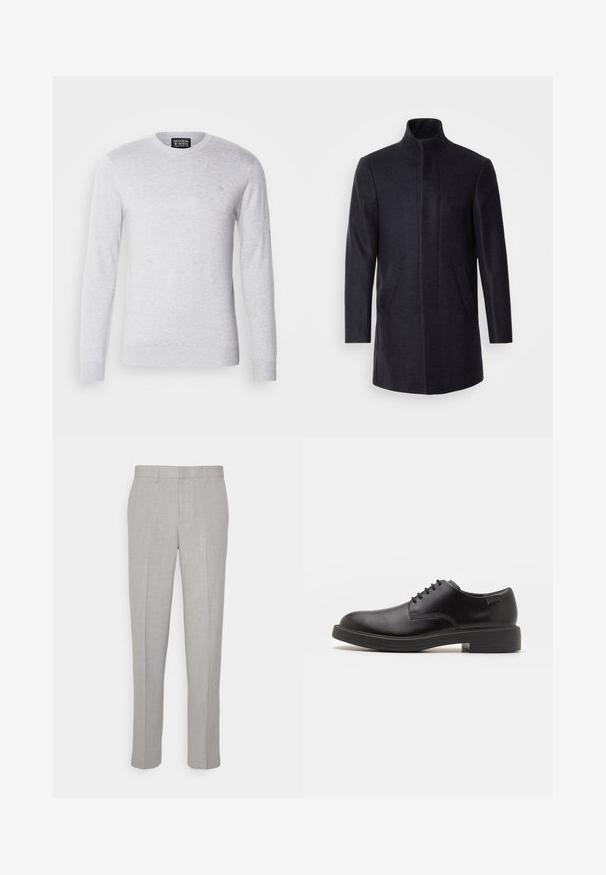 Isaac Dewhirst NEW COMFORT FUNNEL NECK COAT - Halflange jas - navy;  Lichtgrijze gebreide trui met lange mouwen, ronde halslijn en een klein logo geborduurd op de borst. Zachte textuur, casual ontwerp.; Lichtgrijze broek met een gladde textuur, platte voorkant en rechte pijpen. Gemaakt van ademend materiaal, met interne zakken en riemlussen.; Zwarte leren veterschoen met een ronde neus, een gladde textuur, minimale stiksels en een lage rubberen hak. Logo op de hak.