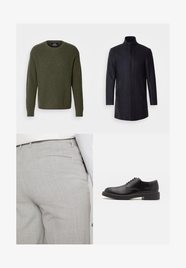 Isaac Dewhirst NEW COMFORT FUNNEL NECK COAT - Kurzmantel - navy; Olivgrüner gestrickter Pullover mit gerippter Textur, Rundhalsausschnitt und langen Ärmeln. Minimalistisches Design ohne sichtbare Muster oder Verzierungen.; Hellgraue, maßgeschneiderte Hose aus strukturiertem Stoff, mit einer einzelnen Gesäßtasche und sauberer Nahtführung.; Schwarzer Leder-Schnürschuh mit abgerundetem Zeh, glatter Textur, minimaler Naht und niedrigem Gummiabsatz. Logo auf der Ferse.