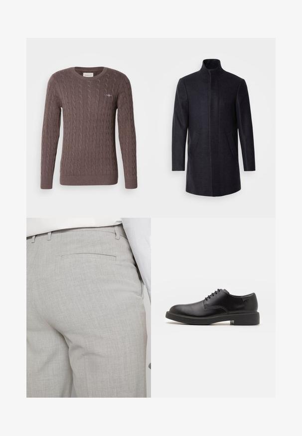 Isaac Dewhirst NEW COMFORT FUNNEL NECK COAT - Short coat - navy; Brown cable-knit sweater with a round neck, long sleeves, and ribbed cuffs and hem. Features a small embroidered logo on the chest.; Light gray tailored trousers made of textured fabric, featuring a single back pocket and clean stitching.; Black leather lace-up shoe with a rounded toe, smooth texture, minimal stitching, and a low rubber heel. Logo on the heel.