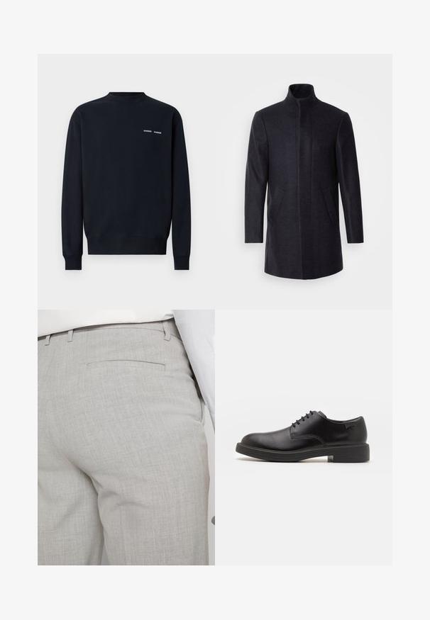 Isaac Dewhirst NEW COMFORT FUNNEL NECK COAT - Krátký kabát - navy; Tmavě modrá mikina vyrobená z bavlny. Má kulatý výstřih, dlouhé rukávy a dvě malé bílé logo značky na horním levém prsu.; Světlounce šedé kalhoty na míru z texturované látky, s jednou zadní kapsou a čistým prošitím.; Černé kožené šněrovací boty s kulatou špičkou, hladkým povrchem, minimálním prošíváním a nízkým gumovým podpatkem. Logo na patě.