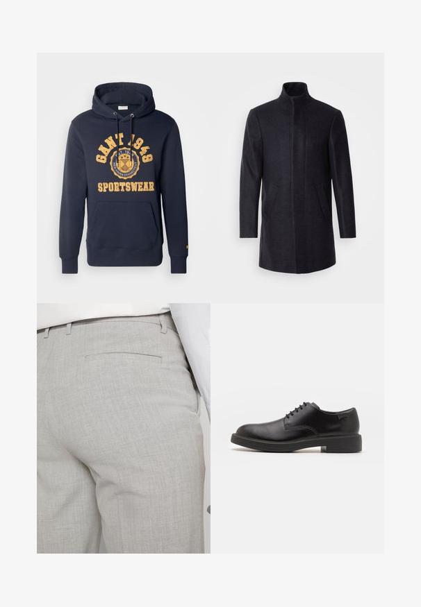 Isaac Dewhirst NEW COMFORT FUNNEL NECK COAT - Krátký kabát - navy; Námořnická modrá mikina vyrobená z bavlny, s přední kapsou, kapucí se stahovací šňůrkou a vintage-style žlutým potiskem s logem a rokem 1949.; Světlounce šedé kalhoty na míru z texturované látky, s jednou zadní kapsou a čistým prošitím.; Černé kožené šněrovací boty s kulatou špičkou, hladkým povrchem, minimálním prošíváním a nízkým gumovým podpatkem. Logo na patě.