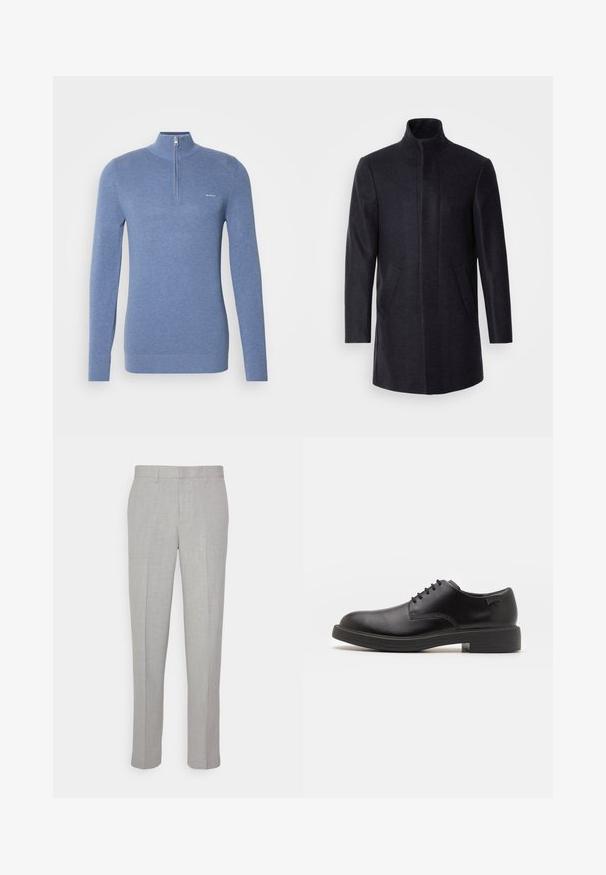 Isaac Dewhirst NEW COMFORT FUNNEL NECK COAT - Kurzmantel - navy; GANT HALFZIP - Strickpullover - denim blue melange; Hellgraue Hose mit glatter Textur, flachem Front und geraden Beinen. Aus atmungsaktivem Material gefertigt, mit Innentaschen und Gürtelschlaufen.; Schwarzer Leder-Schnürschuh mit abgerundetem Zeh, glatter Textur, minimaler Naht und niedrigem Gummiabsatz. Logo auf der Ferse.