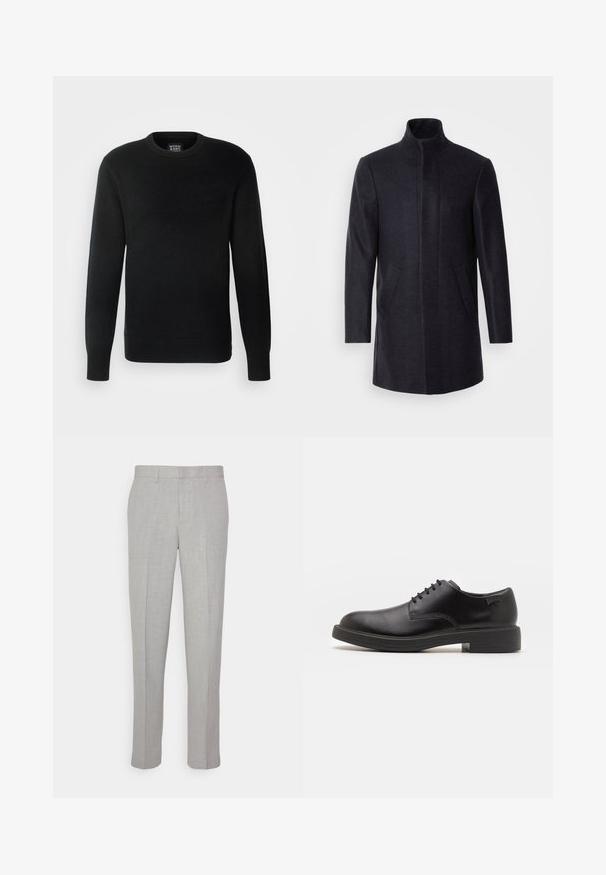 Isaac Dewhirst NEW COMFORT FUNNEL NECK COAT - Palton scurt - navy; Pulover negru din tricot, cu mâneci lungi, decolteu rotund, cu mansete și tiv ribbate, având un mic logo la baza stângă.; Pantaloni gri deschis cu o textură netedă, față plată și picioare drepte. Realizați dintr-o țesătură respirabilă, cu buzunare interioare și brâie.; Pantofii din piele neagră, cu șireturi, au vârful rotunjit, o textură netedă, cusături minime și un toc de cauciuc scăzut. Logo pe toc.